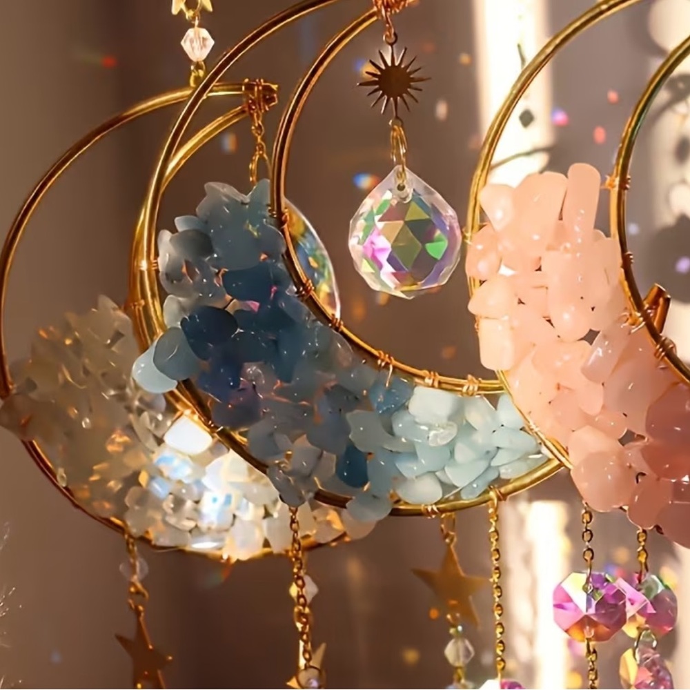 Sun catcher Crystal Chip Crescent Moon Wind Chime - Many colors to choose from